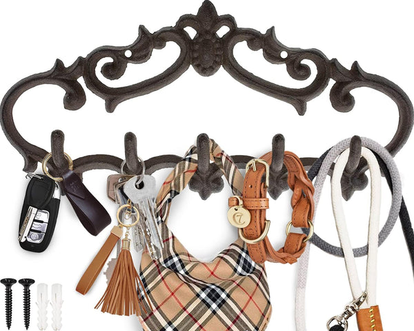 Cast Iron Wall Mounted Hanger – Vintage Design with 5 Hooks for Keys, Towels, Robes, and Clothes – front view – Comfify