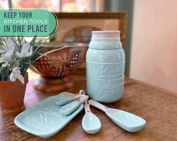 Mason Jar Kitchenware Set – Aqua Blue Ceramic Decor with 4 Measuring Cups, 4 Measuring Spoons, and Spoon Rest – back view – Comfify