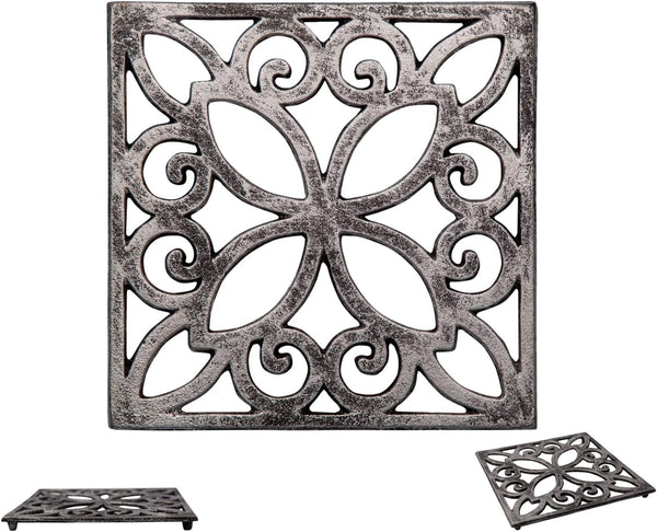 Decorative Cast Iron Trivet – Square Pattern for Kitchen or Dining Table – front view – Comfify