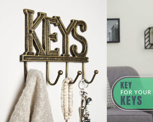 Key Holder for Wall - Decorative Farmhouse Rustic Wall Mount Key Organizer with 4 Hooks - Vintage Cast Iron Key Rack with Screws and Anchors – 6x8 - Gold with Black – side angle – Comfify