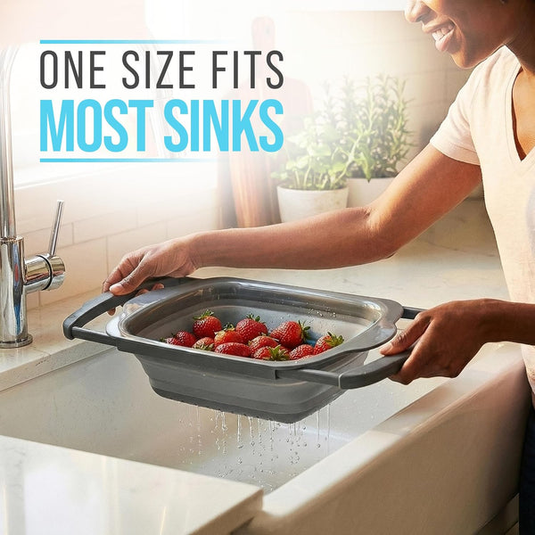 XL Large Kitchen Strainer - Collapsible Silicone Over-The-Sink Colander with Extendable Handles - Use with Pasta, Fruit, Berries & Veggie - 6 Quart - Gray – packaging view – Comfify