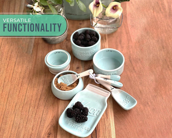 Mason Jar Kitchenware Set – Aqua Blue Ceramic Decor with 4 Measuring Cups, 4 Measuring Spoons, and Spoon Rest – packaging view – Comfify