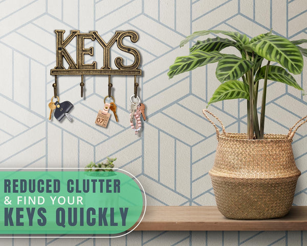 Key Holder for Wall - Decorative Farmhouse Rustic Wall Mount Key Organizer with 4 Hooks - Vintage Cast Iron Key Rack with Screws and Anchors – 6x8 - Gold with Black – detail close-up – Comfify