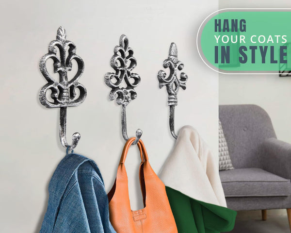 Comfify Shabby Chic Decorative Wall Hooks - Set of 3 - Cast Iron French Country Wall Decor - Farmhouse Hangers for Coats, Purses and More - Silver with Black