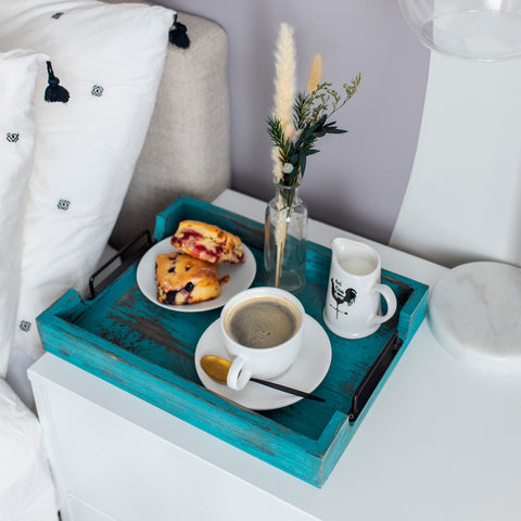 Unique Rustic Wooden Serving Trays with Handle - Set of 2 - Rustic Blue