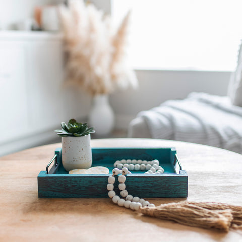 Unique Rustic Wooden Serving Trays with Handle - Set of 2 - Rustic Blue