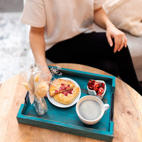 Unique Rustic Wooden Serving Trays with Handle - Set of 2 - Rustic Blue