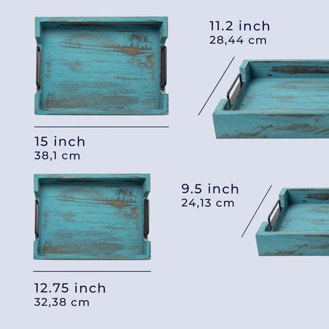 Unique Rustic Wooden Serving Trays with Handle - Set of 2 - Rustic Blue