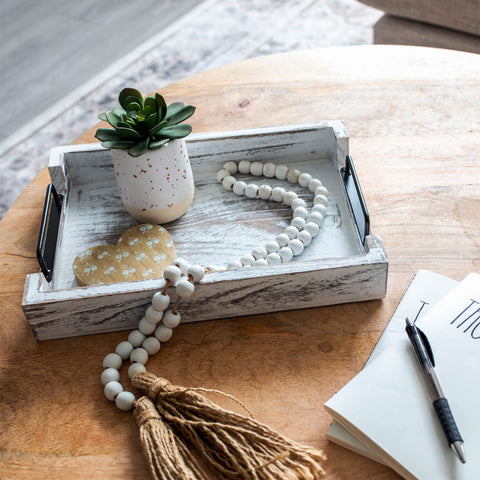 Unique Rustic Wooden Serving Trays with Handle - Set of 2 - Rustic White