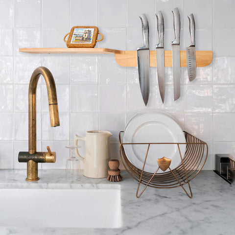 Magnetic Knife Holder for Wall w/Shelf - Wall-Mount Wooden Knife Strip made of Sturdy Bamboo