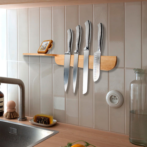 Magnetic Knife Holder for Wall w/Shelf - Wall-Mount Wooden Knife Strip made of Sturdy Bamboo