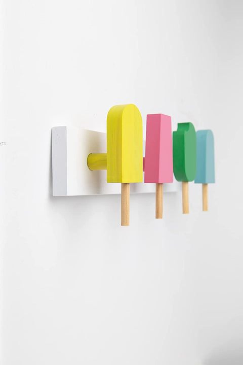Wall-Mount “Ice Cream Pops” Coat Rack for Kids – Novelty Clothes Hanger for Kids Room, Bathroom or Nursery – 14" x 4.25" Wooden Hanger for Backpack, Towels & More - White