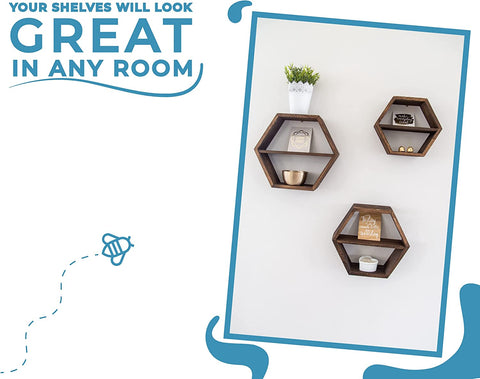 Rustic Wall Mounted Hexagonal Floating Shelves – Set of 3