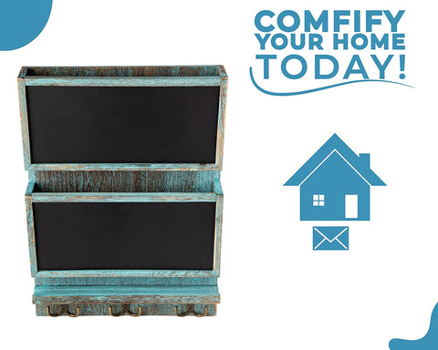 Rustic 2-Slot Mail Sorter Organizer for Wall with Chalkboard Surface & 3 Double Key Hooks