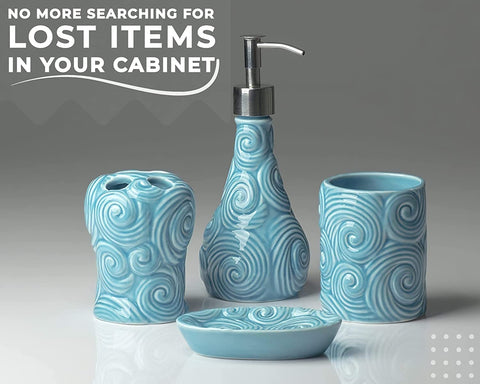 Designer - 4 Piece Bathroom Accessories Set - Ocean Waves Design