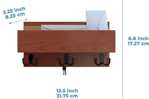 Modern Mail Sorter Organizer for Wall with 3 Double Key Hooks - Brown