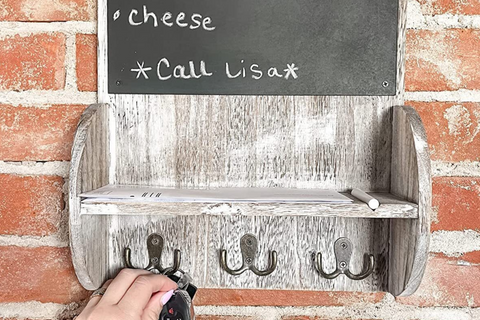 Rustic Mail Sorter Organizer for Wall with Chalkboard Surface & 3 Double Key Hooks - Rustic Brown