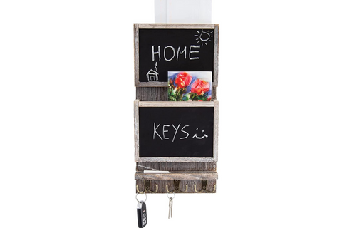 Rustic 2-Slot Large Mail Sorter Organizer for Wall w/Chalkboard Surface & 3 Double Key Hooks