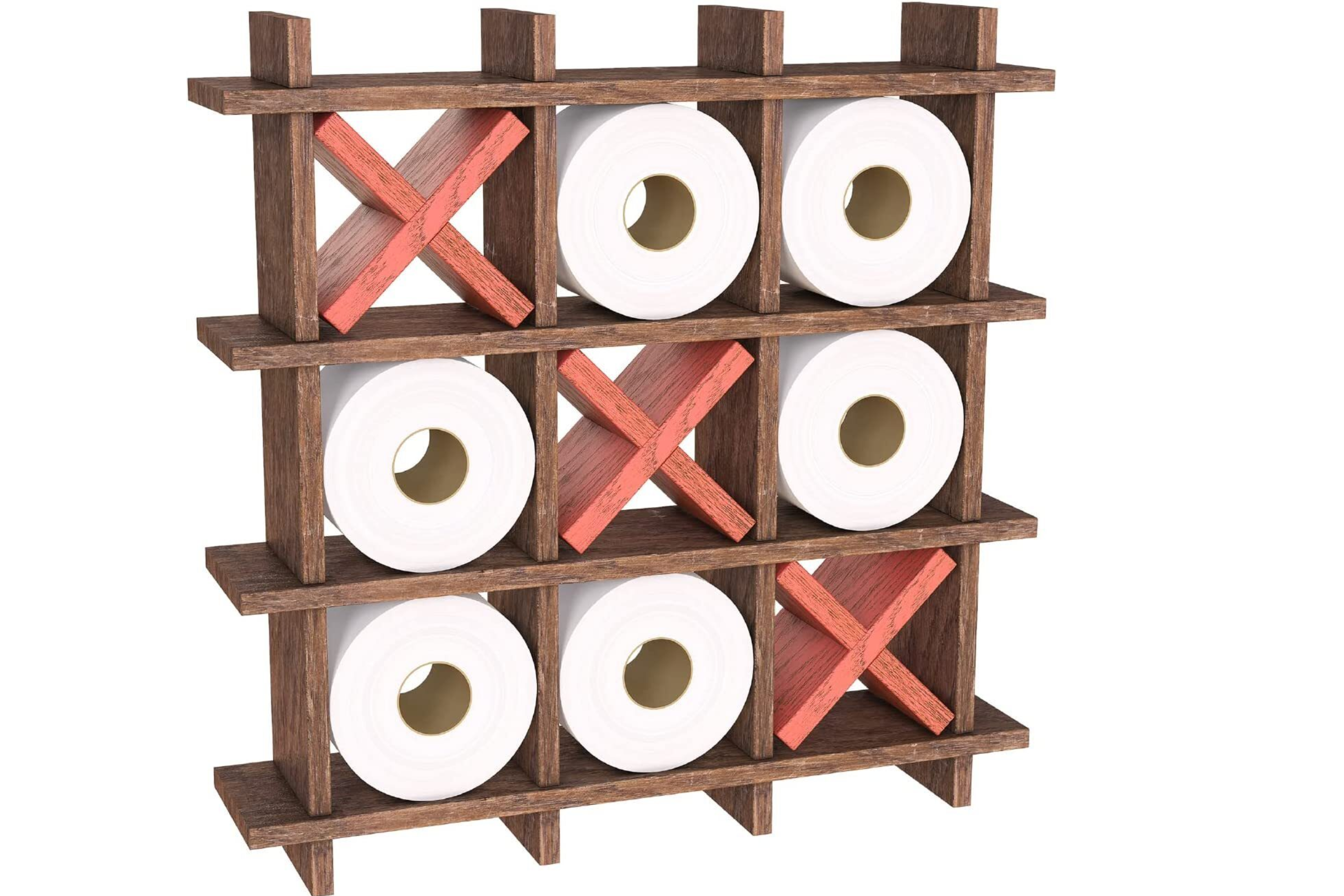 Rustic Wooden Toilet Paper Holder: Tic Tac Toe Design Tissue Roll Storage -  Excello Global Brands