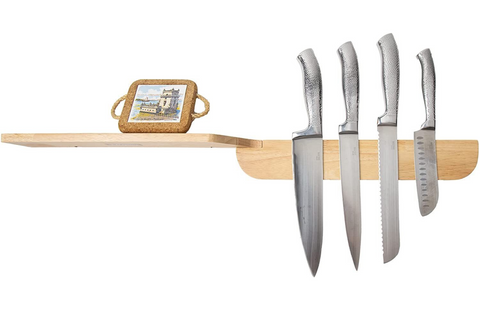 Magnetic Knife Holder for Wall w/Shelf - Wall-Mount Wooden Knife Strip made of Sturdy Bamboo