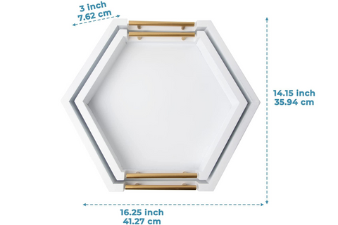 Incredible Hexagonal Serving Trays with Golden Handles – Set of 2 Bamboo Trays - White