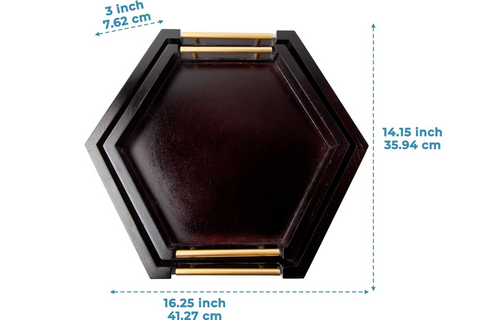 Unique Hexagonal Serving Trays with Golden Handles – Set of 2 Bamboo Trays That Nests – Brown